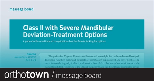 Class II with Severe Mandibular Deviation-Treatment Options A doc asks for help treating this difficult case involving a patient with significant facial asymmetry. 